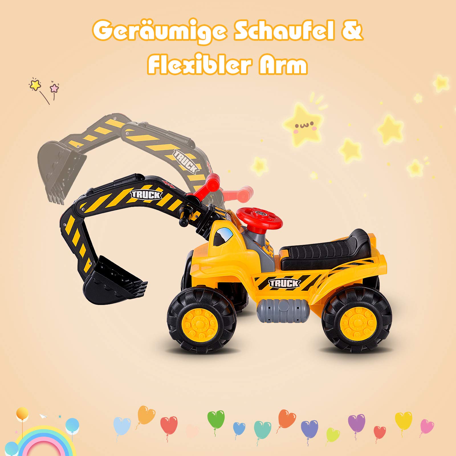 GOPLUS Sitzbagger Kinderbagger, Kinderfahrzeug Pedalfrei inkl. Schutzhelm und Künstlicher Steine, Sandspielzeug mit LED-Licht, Musik, Funktionstüchtiger Schaufelbagger für Kinder ab 3 Jahre