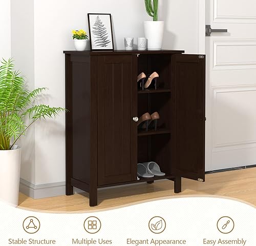 Miniatura 4 de GOFLAME Armario de suelo de baño, armario organizador de almacenamiento independiente con estante ajustable de 3 niveles y puertas dobles, armario