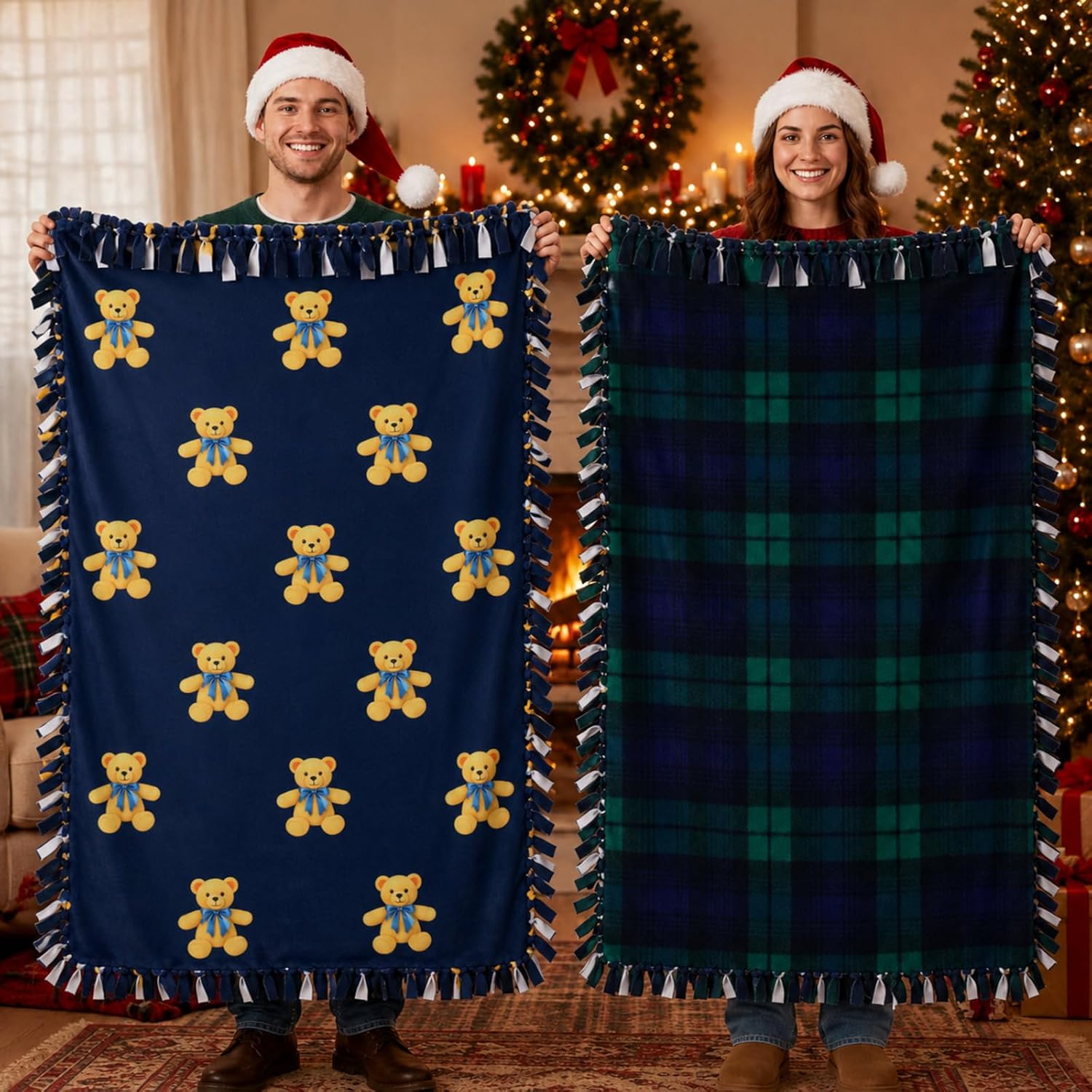 HunnmingRe 3 Pcs No Sew Blanket Kit,Bear and Plaid,Green