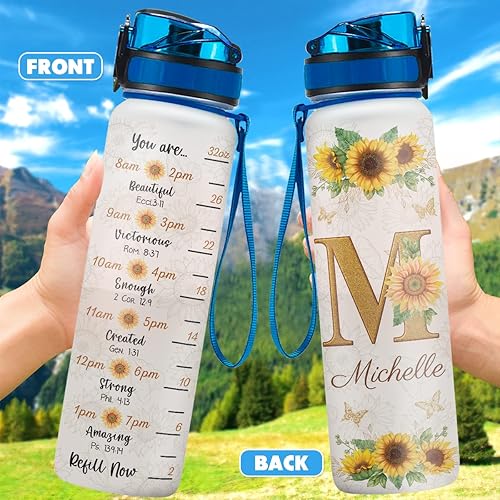 Miniatura 3 de wowcugi Botella de agua de girasol personalizada con marcador de tiempo, 32 onzas, botellas de agua alentadoras, rastreador, nombre personalizado,