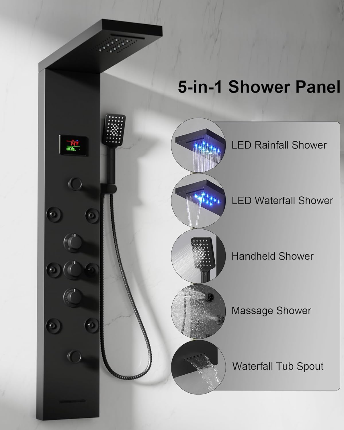 Homevacious 5 In 1 Shower Panel Tower System LED Rain Waterfall Shower Head and Adjustable Massage Body Jets 3 Settings Handheld Head and Tub Spout Stainless Steel Bathroom Panel Matte Black Matte Black 5 IN 1 - LED Shower Overhead