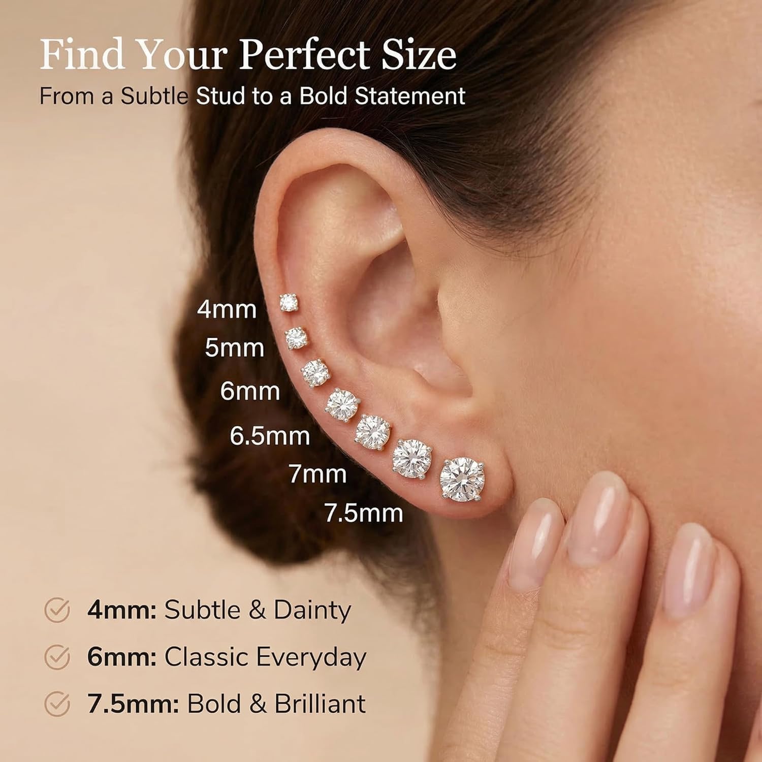 14k Gold Solitaire Round Cubic Zirconia Earrings Studs for Women & Men | Anti Tarnishing CZ Stud Earrings with 14k Gold Butterfly Pushbacks | 4MM-7.5MM by MAX + STONE