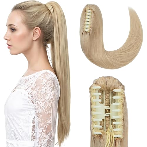 Hairro Claw Clip Ponytail Human Hair Extensions Jaw On Ponytails Remy Long Straight Jaw/Claw Clips Pony Tail Hairpieces For Women 22 Inch 120g #613 Light Blonde