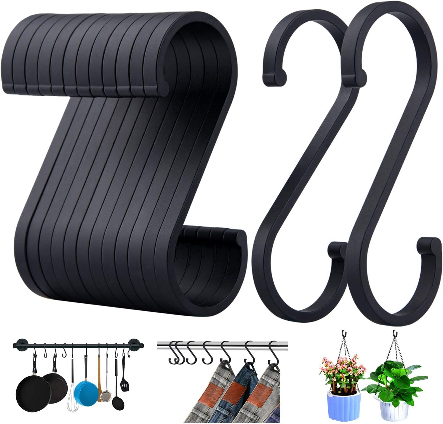 ACMETOP S Hooks, 12 Pack Aluminum S Shaped Hooks, Matte Finish S Hooks for Hanging Pots and Pans, Plants, Coffee Cups, Clothes, Towels in Kitchen, Bedroom, Bathroom, Office and Garden(Matte Black)
