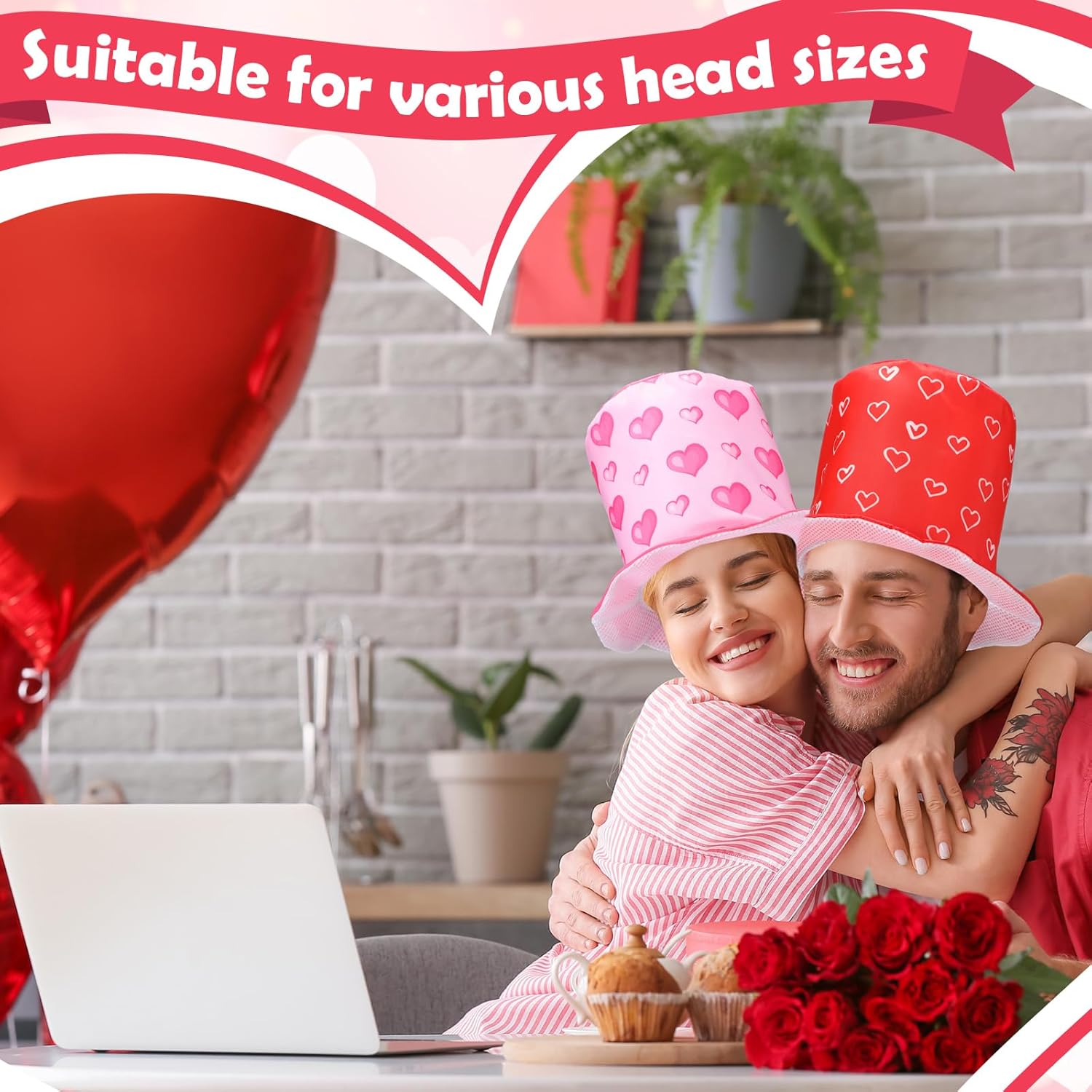 Shyyween 6 Pieces Valentines Top Hats Pink Red Valentine Party Heart Top Hat Costume Accessories for Adult Cosplay Performance Galentines Party Supplies