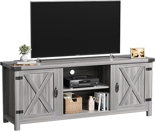 Miniatura 6 de YESHOMY - Mueble moderno de madera para TV con dos puertas estilo granero y gabinetes de almacenamiento para televisores de hasta 65+ pulgadas, Gris
