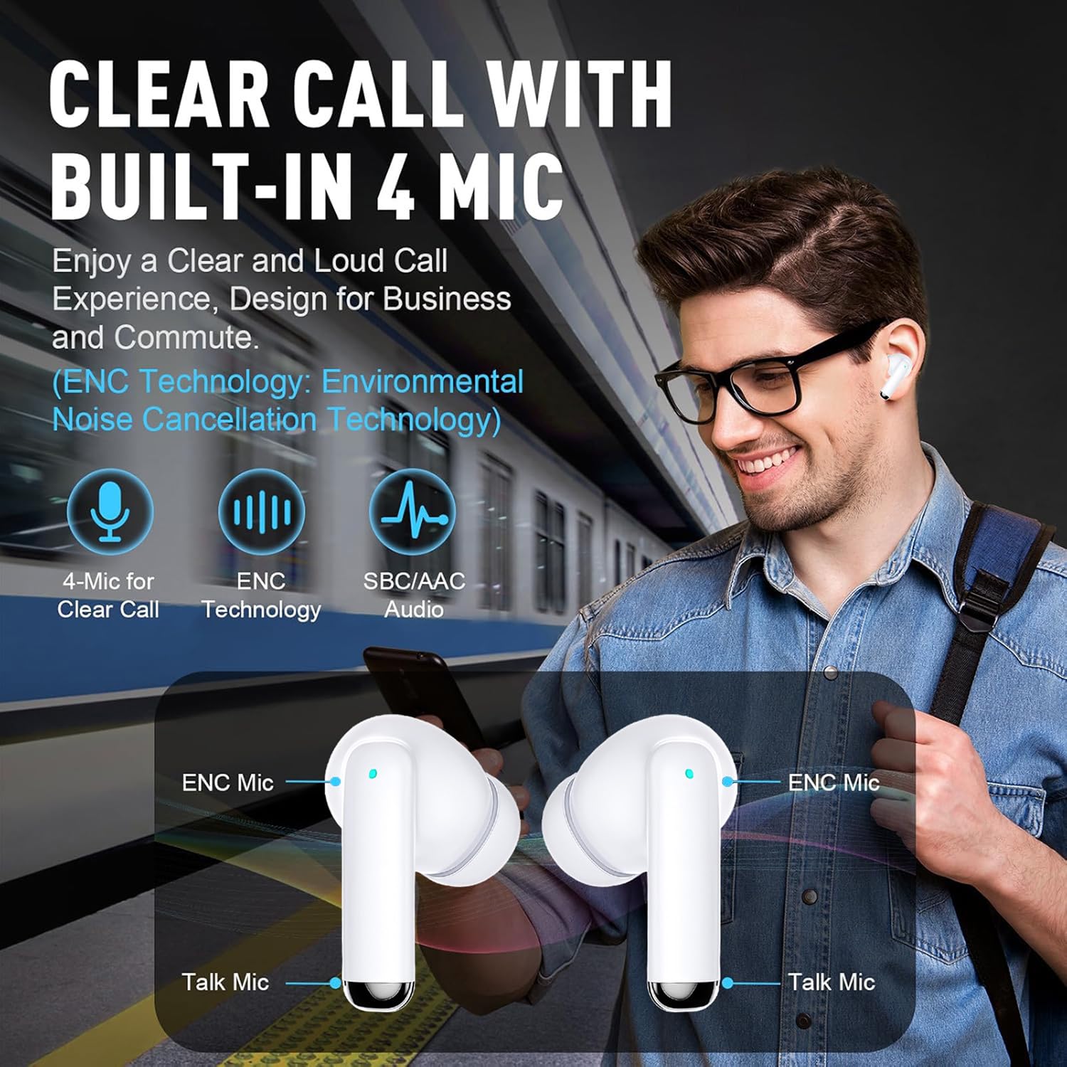 Auricolari Bluetooth 5.3 In Ear 48 Ore Stereo HiFi 4 ENC HD Cancellazione Rumore Mic IP7 Impermeabili per Galaxy iOS Android