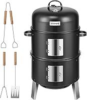 VIVOHOME 3-in-1 Vertical Charcoal Smoker Grill with Thermometer, Air Vent & Dual Doors - Ideal for Backyard BBQs, Camping