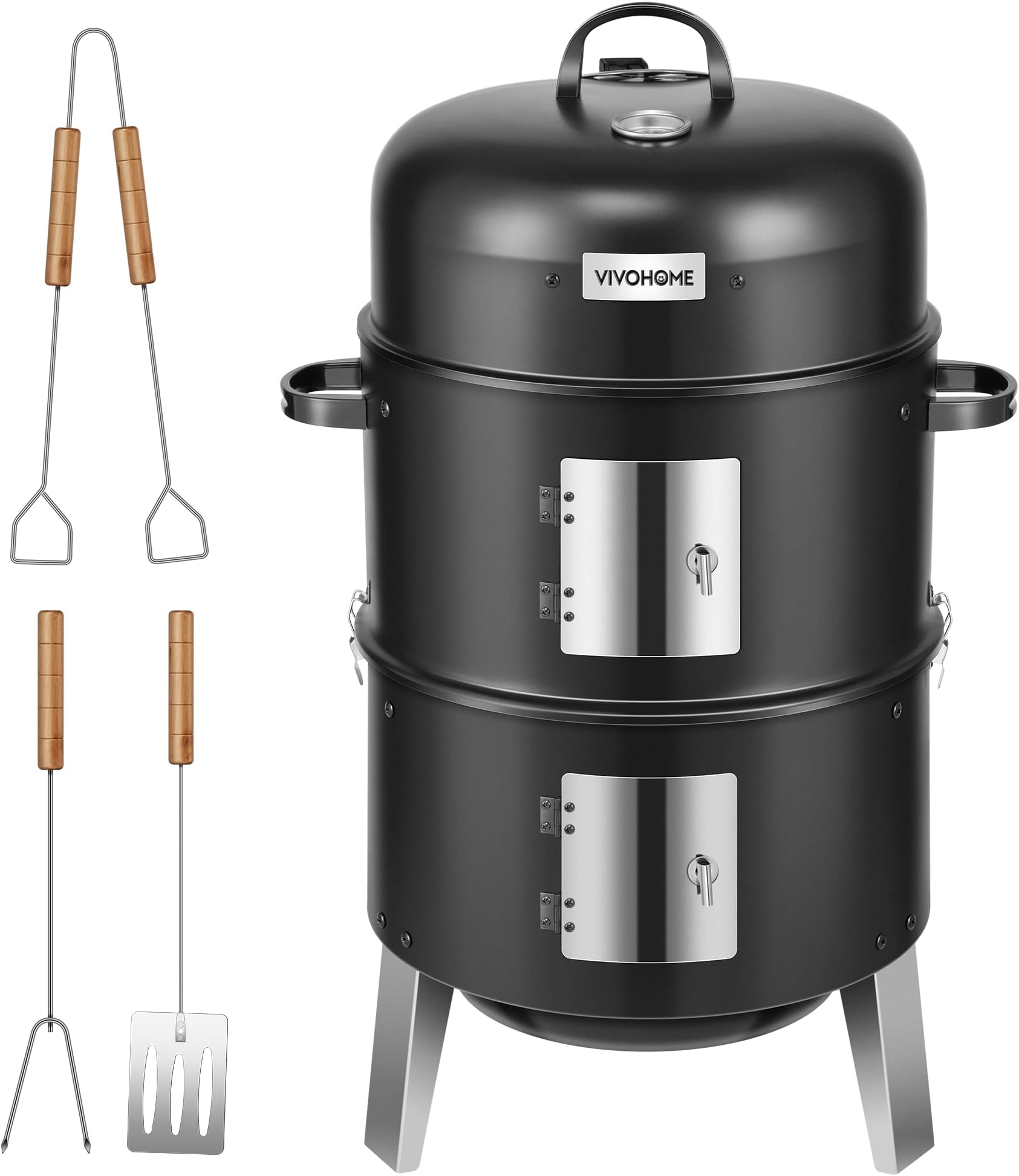 3-in-1 Vertical Charcoal Smoker, BBQ Smoker Grill with Built-in Thermometer, Air Vent, and 2 Access Doors, Idea for Parties, Backyard, Barbecues