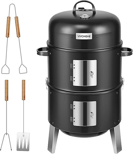 VIVOHOME Ahumador vertical de carbón 3 en 1, parrilla ahumadora de barbacoa con termómetro integrado, ventilación de aire y 2 puertas de acceso,