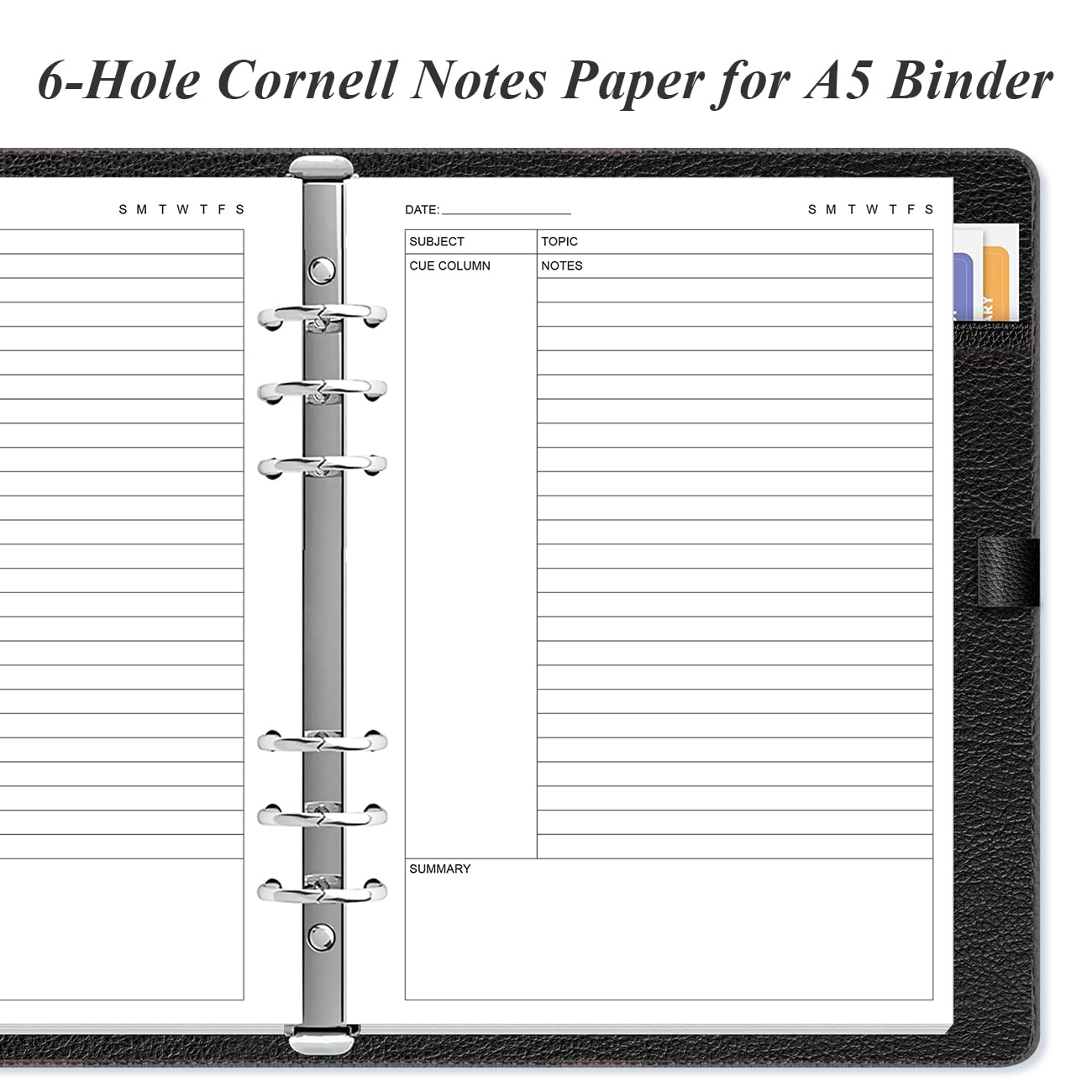 Cornell Notes - Papel de relleno para carpeta A5, 6 agujeros, hojas sueltas, 50 hojas/100 páginas, 100 g/m², blanco, 5.8 x 8.5 pulgadas