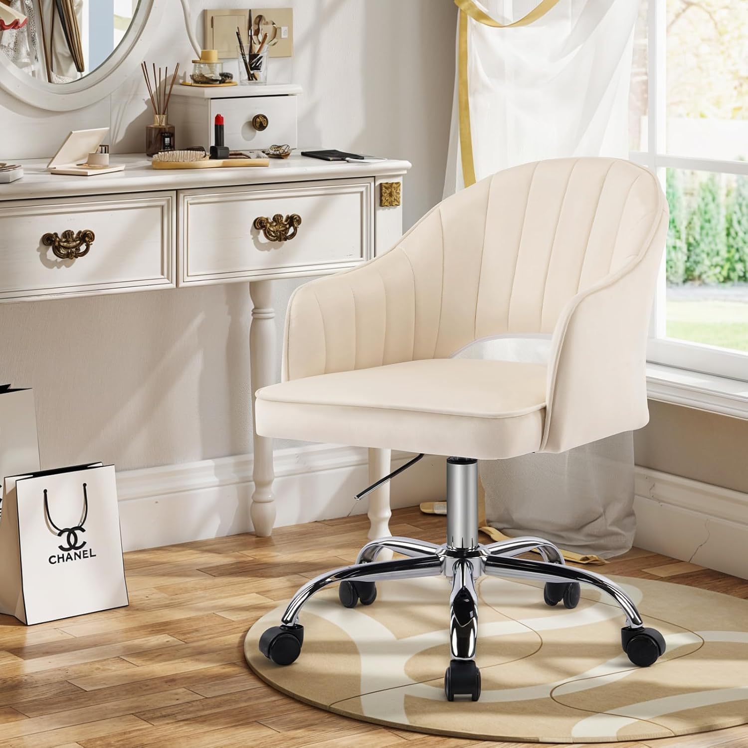MOJAY Modern Vanity Chair with Wheels, Mid-Back Cutout Velvet Home Office Chair, Swivel Height-Adjustable Soft Seat Cute Desk Chair with Arm Support (Cream)