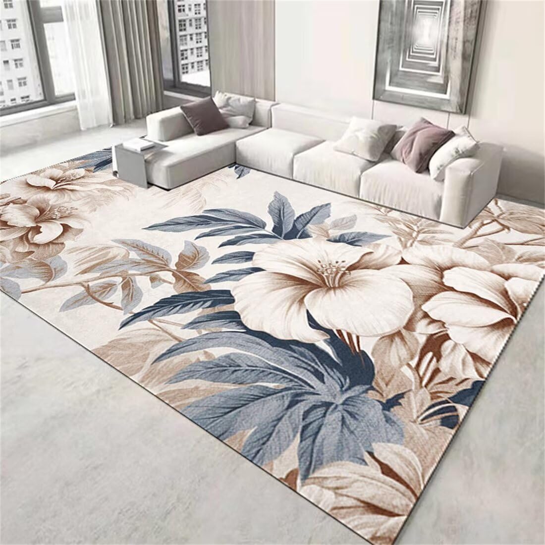 Tapis chambre ado floral gris-bleu 50x70 pour coin bureau ou lecture