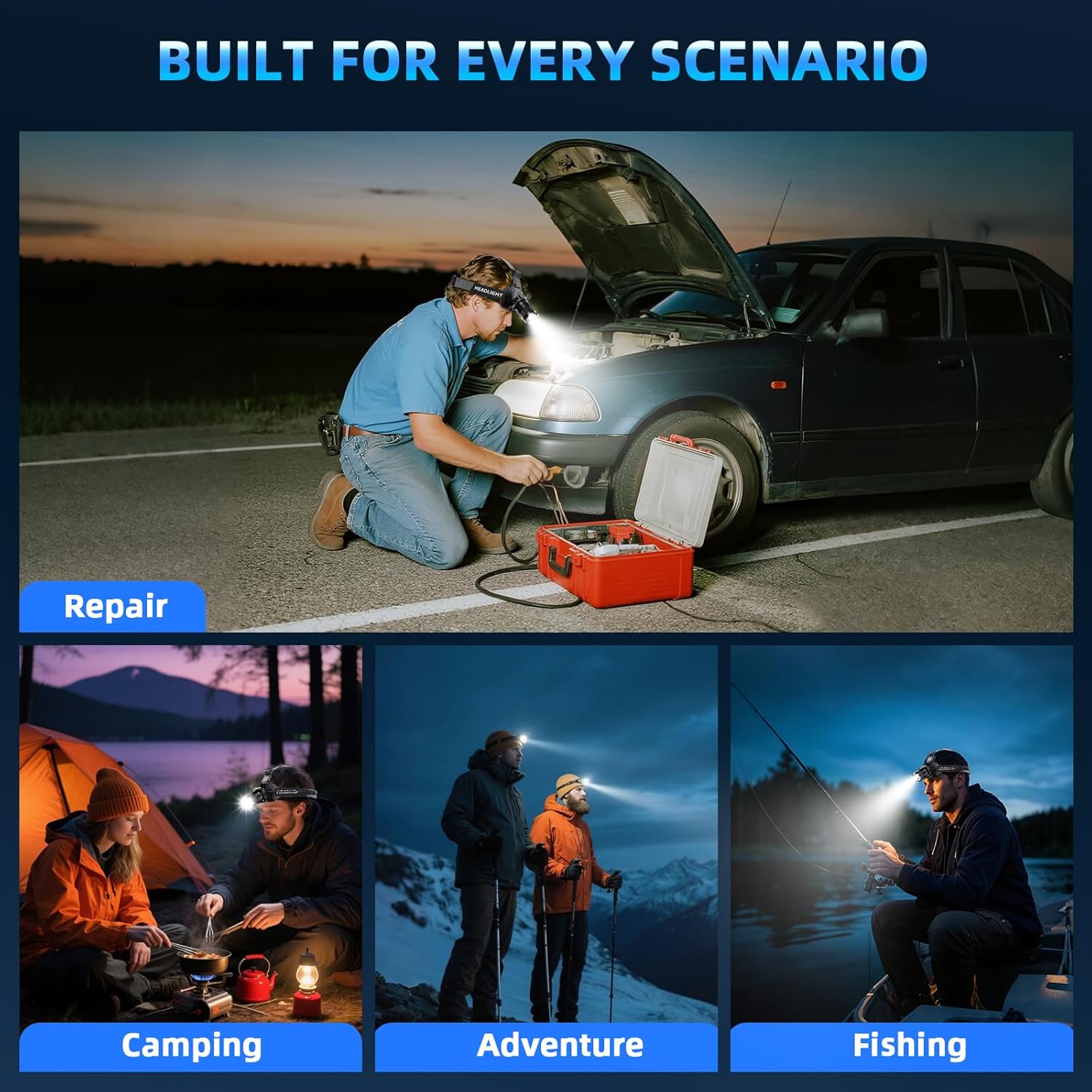 Super Bright Headlamp Rechargeable – 2 Pack Head Light, Zoom Head Lamp with Sensor Mode & Rear Red Light, Waterproof Head Torch/Headlight Flashlight with 6 Helmet Clips for Fishing