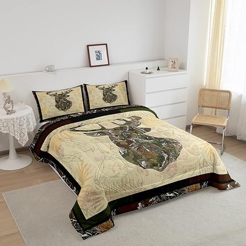 Miniatura 2 de Erosebridal Juego de ropa de cama de ciervos de caza, edredón de plumas de camuflaje de bosque, estilo rústico occidental, estilo granja, para
