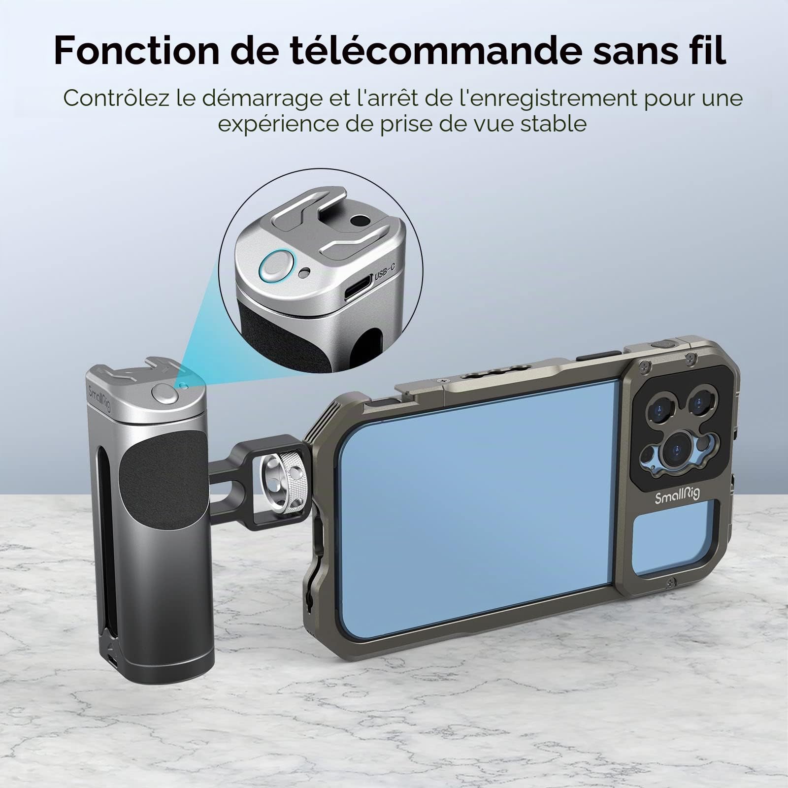 SMALLRIG Poignée Latérale avec Démarrage d'Enregistrement, Arrêt de la Télécommande sans Fil et Cold Shoe, pour SMALLRIG Mobile Phone Cage Video Rig avec Filetage 1/4"-20-3838