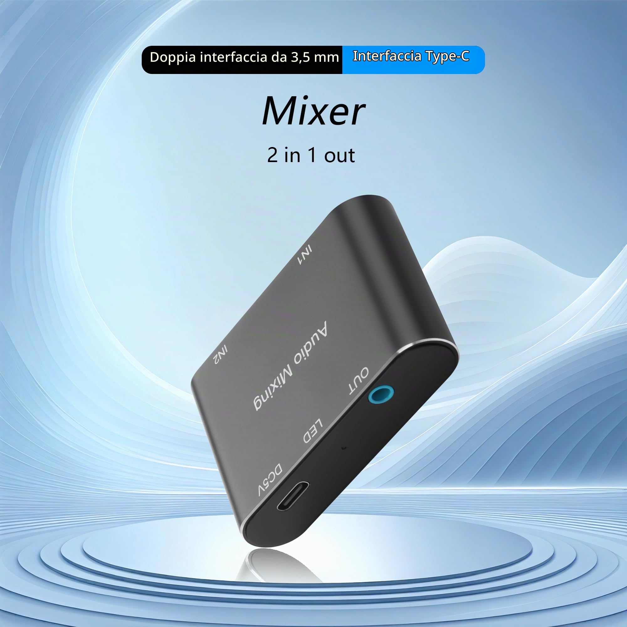 GINTOOYUN Mixer audio stereo da 3,5 mm 2 in 1 out mini mixer audio stereo da 3,5 mm con cavo di ricarica USB da 1,64 m per laptop, telefoni, cuffie, altoparlanti, ecc