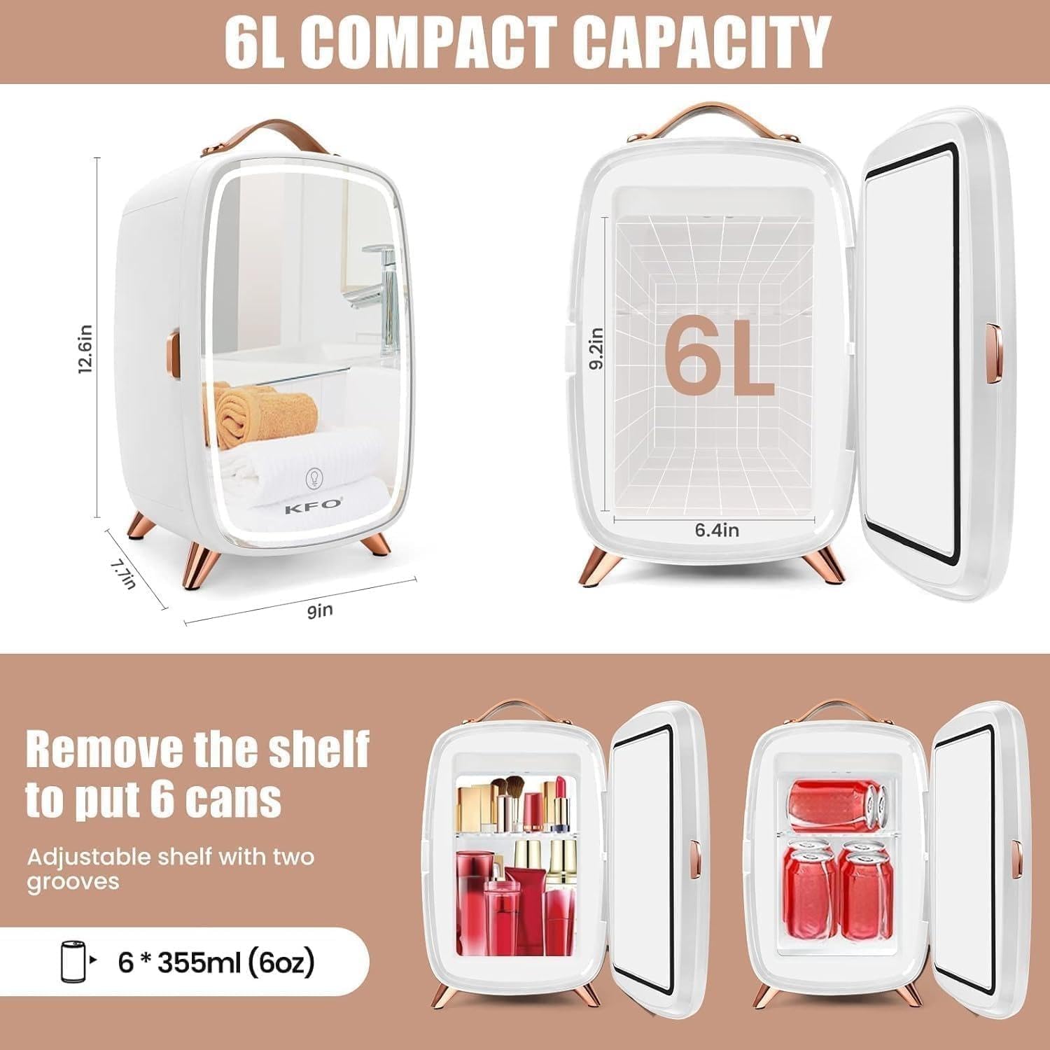 KFO Mini Skincare Fridge 6L – Beauty Fridge with Mirror & 3-Mode LED Light, Portable Cosmetic Cooler for Makeup Serums Creams, 43°F Cooling 20dB Quiet, Small Fridge for Bedroom Bathroom Office
