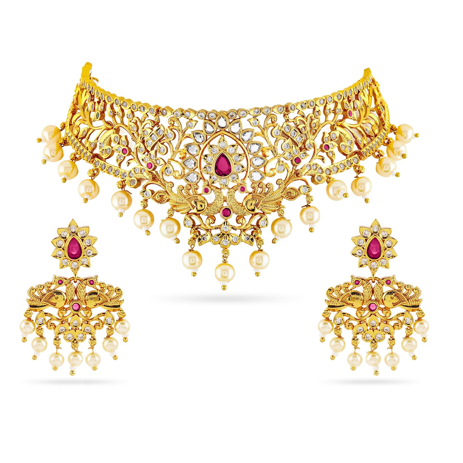 22K Gold-Plated White Pink Ruby Stone-Studded Beaded Handcrafted Jewellery Set For Women
