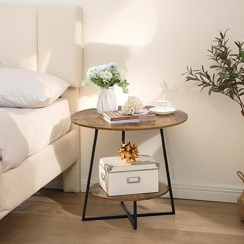 Miniatura 3 de D&H FURNIMMT Mesa auxiliar de sala de estar de 20 pulgadas para espacios pequeños, mesas auxiliares redondas de madera de 2 niveles con estante de