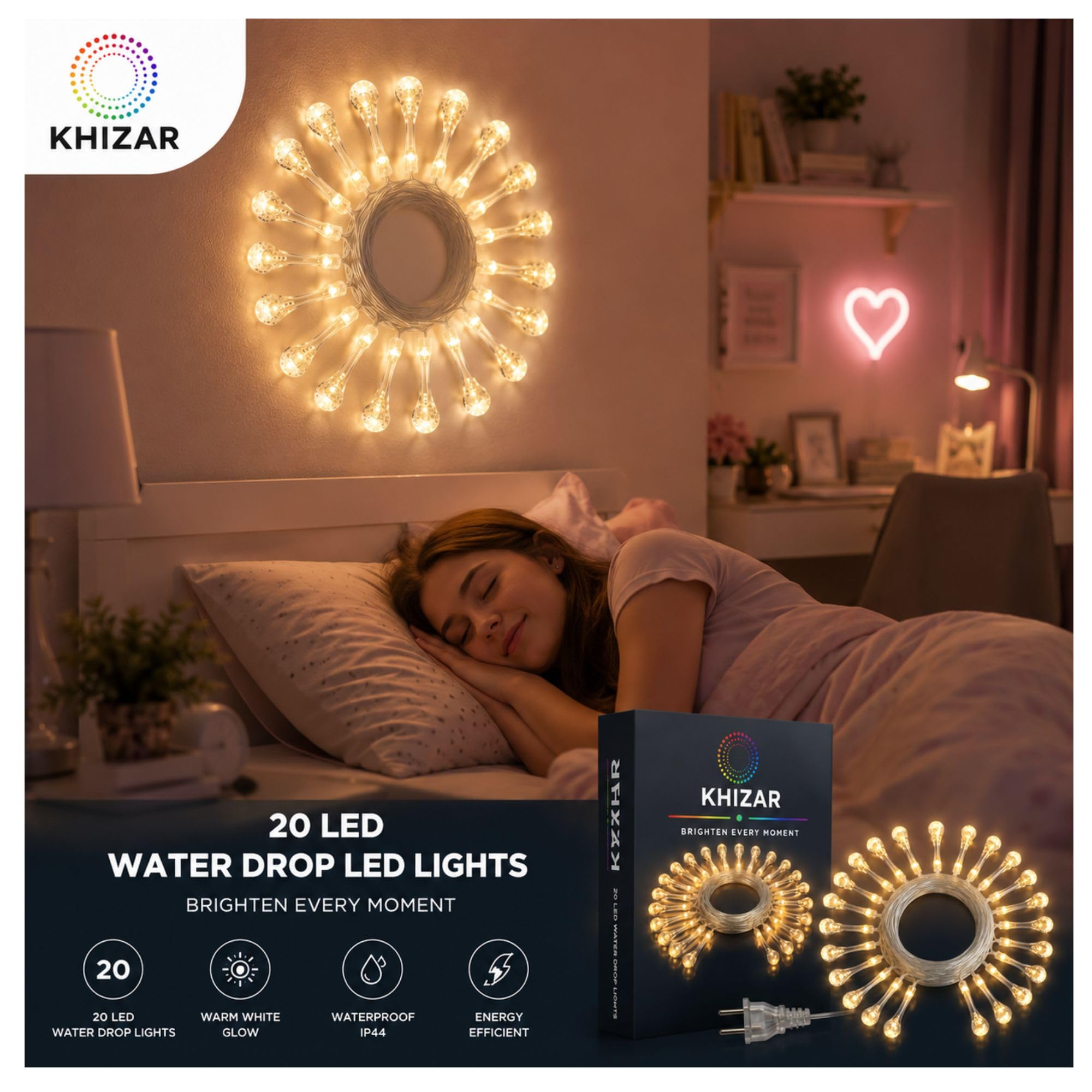 KHIZAR 20 LED Water Drop String Lights Plug-in, Warm White Decorative Hanging Fairy Lights, Waterproof LED Raindrop Lights for Bedroom, Balcony, Patio, Garden, Diwali, Eid, Birthday & Party Decor 1
