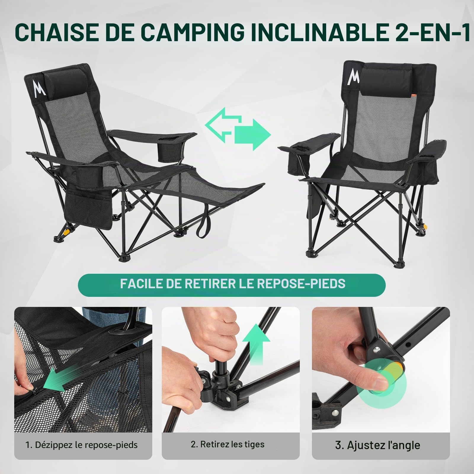 OVERMONT Chaise Longue de Camping Pliante 2 en 1, Inclinable 4 Positions | Repose-pieds et appui-tête pour plus de confort; supporte 136 kg; sac de transport inclus; pour plage, jardin et terrasse
