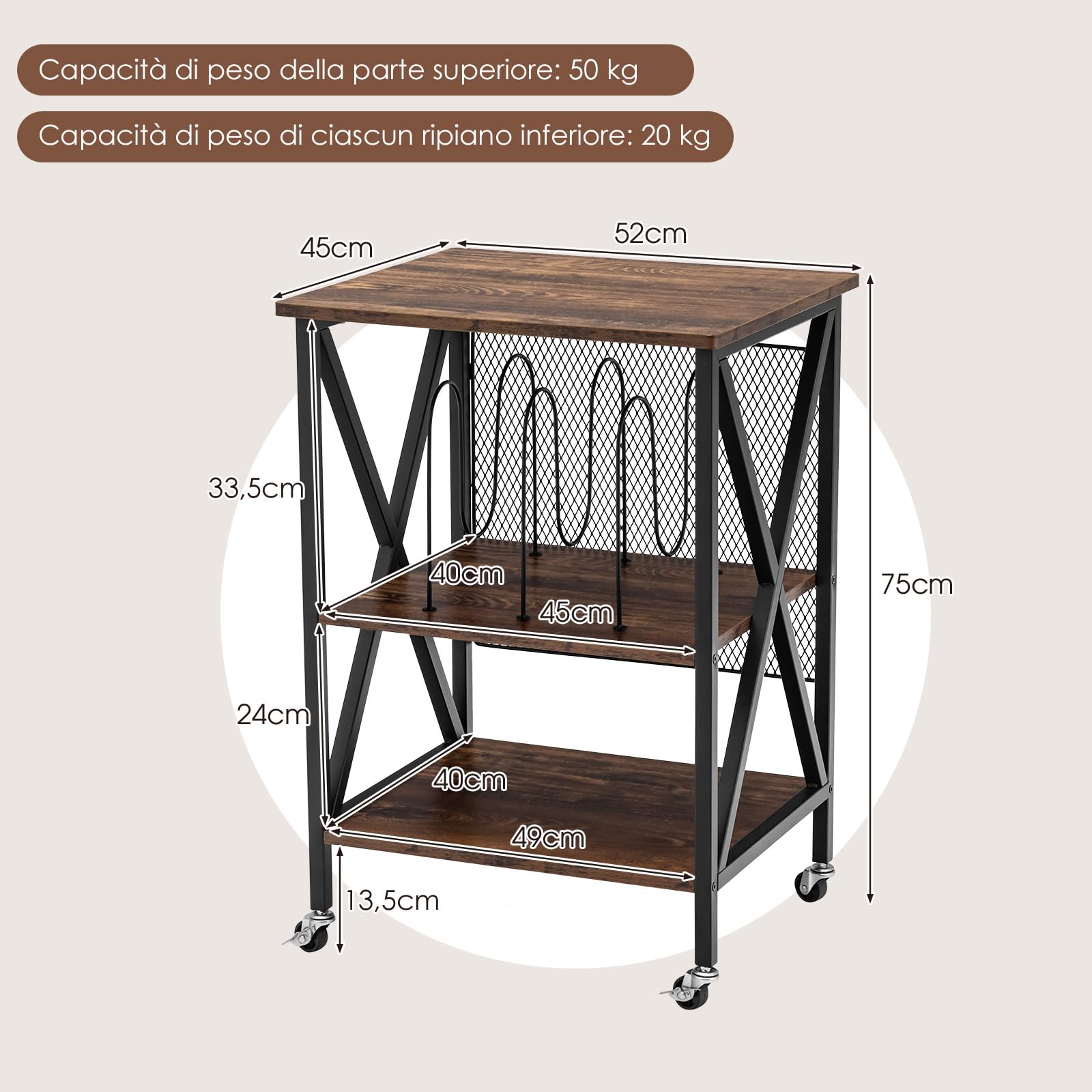 GYMAX Mobiletto Divano Laterale Stretto, 3 Livelli, con Mensole per Dischi in Vinile con 3 Divisori a Forma di M e 4 Ruote, 52 x 45 x 75 cm, Marrone Rustico