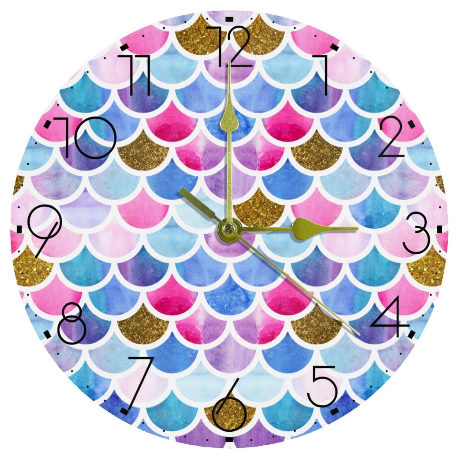 Horloge murale ronde en acrylique à motif écailles de sirène pour salon et bureau