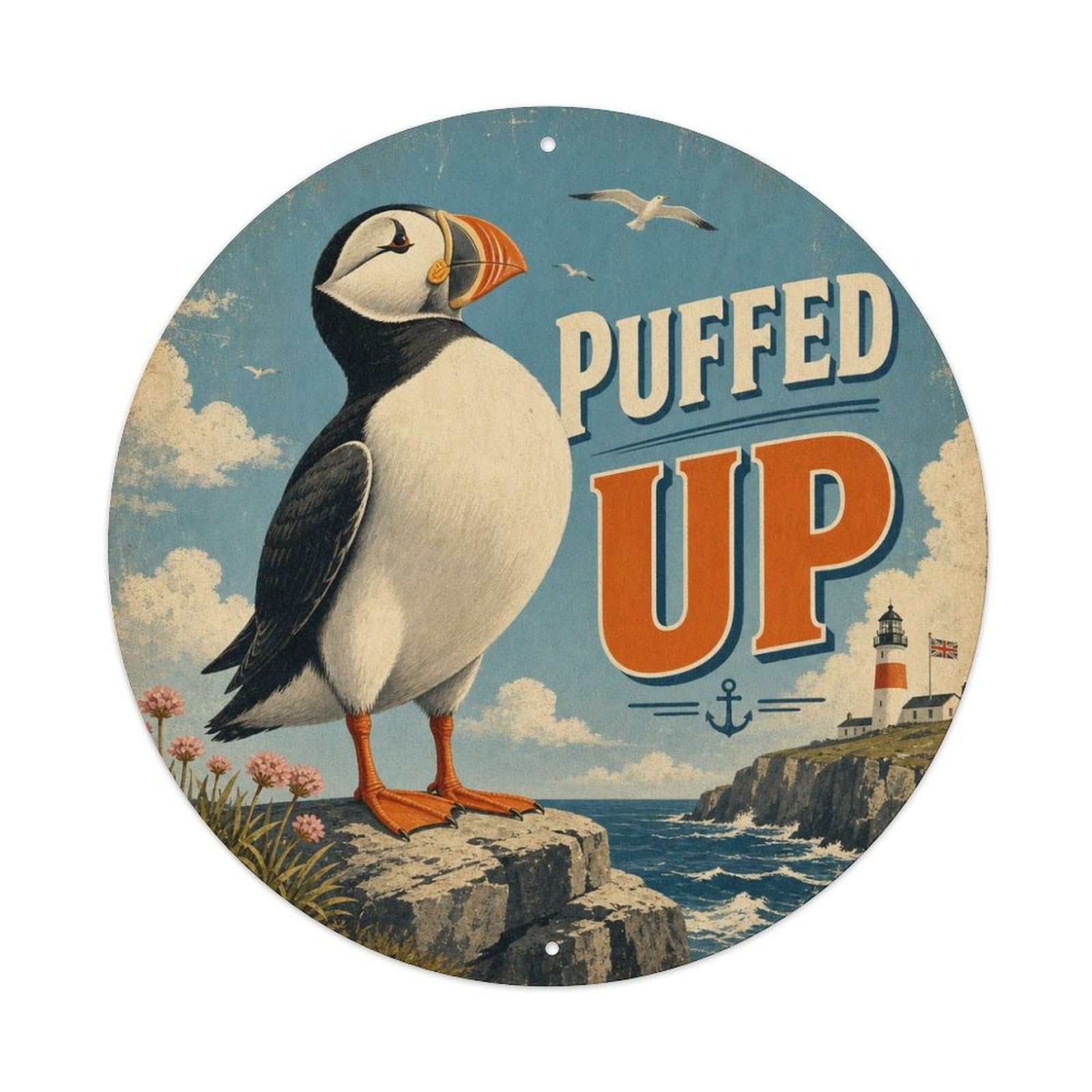 Quirky Puffin Seabird Puffed Up Vintage Illustration Metal Tin Sign