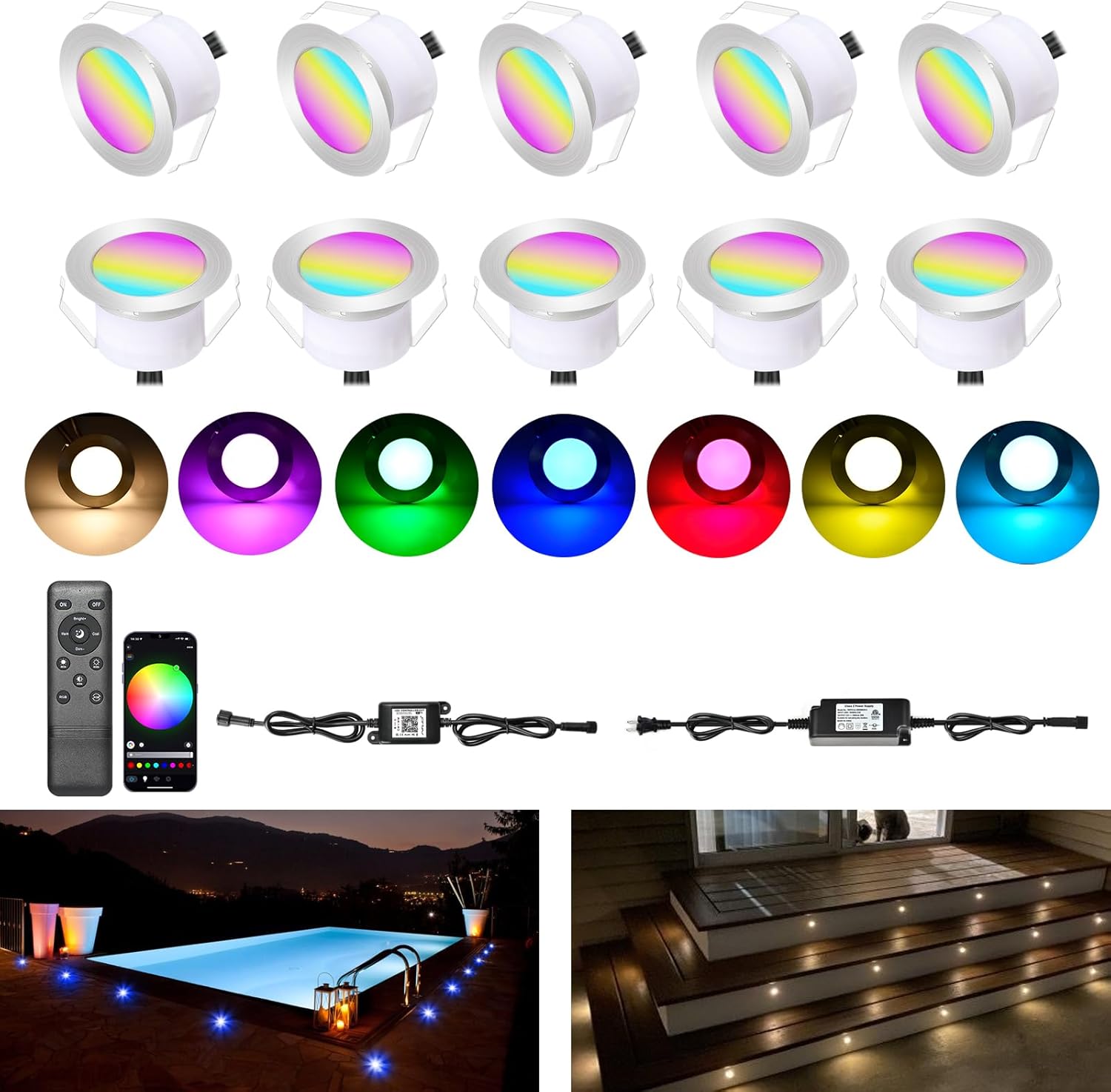 Recessed LED Deck Light Kits, Φ2.4 Smart WiFi Low Voltage RGB & Warm White Deck Lighting, Waterproof Outdoor LED Step Stair Lights Compatible with Alexa Google Home for for Garden,Yard,Path (10 Pack)