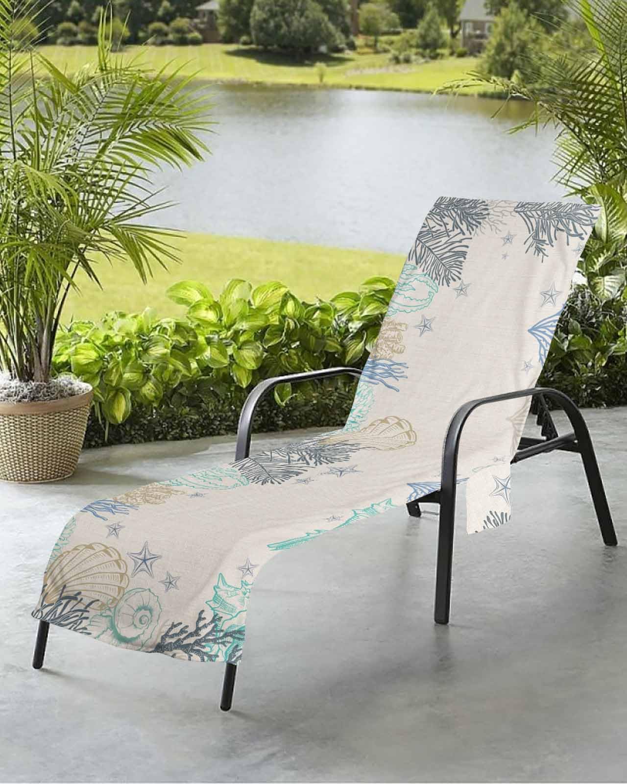 Beach Pool Patio Lounge Chaise Chair Cover Towel with Pockets,Coastal Coral Absorbent & Quick Dry Microfiber Towel Cover Bag Summer Travel Accessories Farmhouse Vintage Sea Shell Starfish
