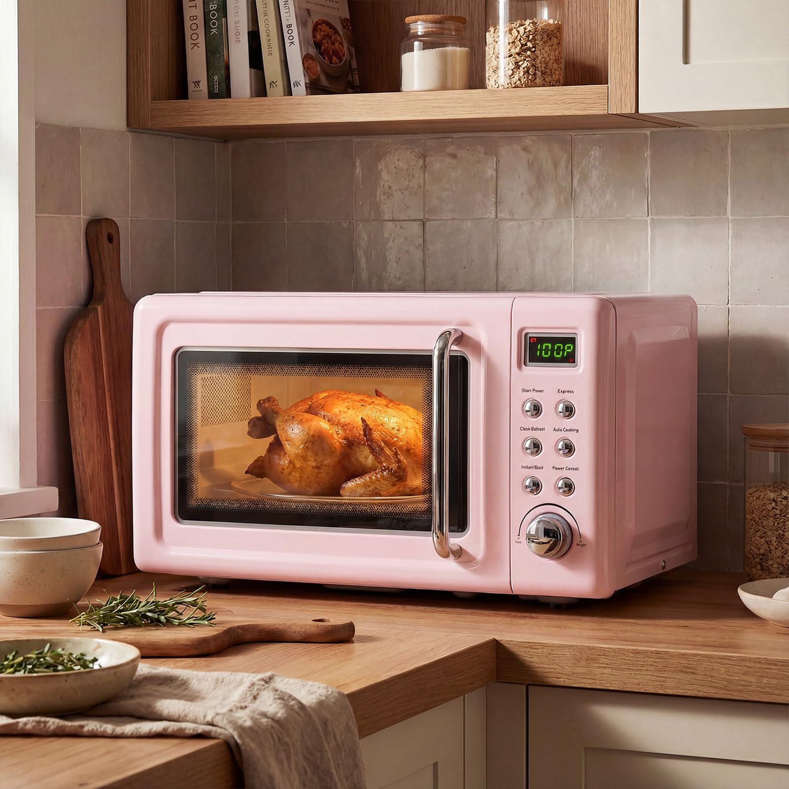 LDAILY 0.7Cu.ft Retro Small Microwave Oven, 700W Compact Countertop Microwave with 5 Power Levels, Auto Cooking Menus, Glass Turntable, Child Lock &amp; Glass Turntable for Apartment, Dorm (Pink)