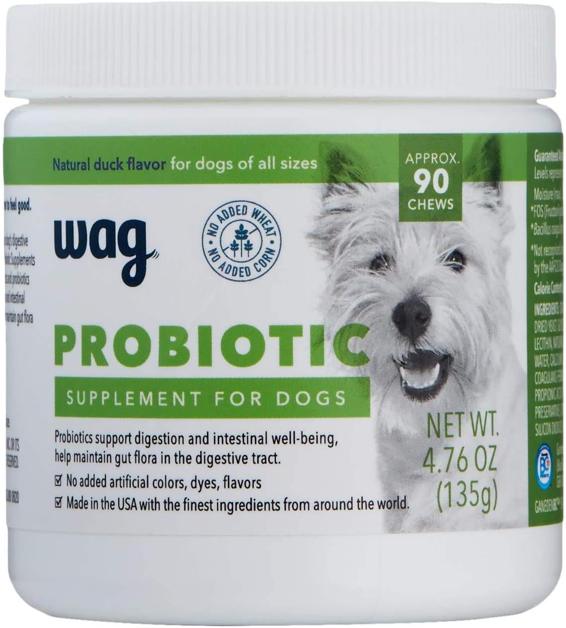 Amazon Brand - Wag Probiotic Supplement Daily Chews for Dogs, Supports Digestion and Gut Health, Natural Duck Flavor, 90 Count (Pack of 12)