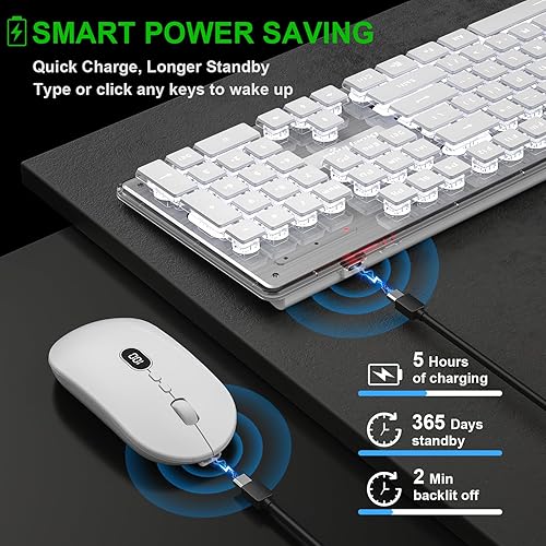 Miniatura 4 de BlueFinger Teclado y mouse inalámbricos con pantalla de alimentación, Blacklit recargable, de tamaño completo, con luz silenciosa, teclado para