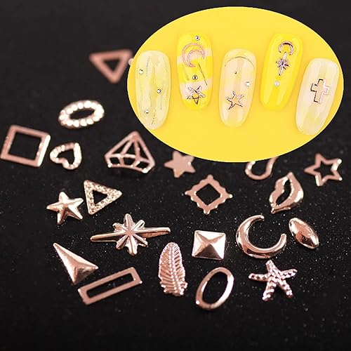 Miniatura 11 de Juego de 28 rejillas de metal dorado para uñas, múltiples formas remaches, accesorios de joyería de remaches, mezcla 3D, decoración de copos