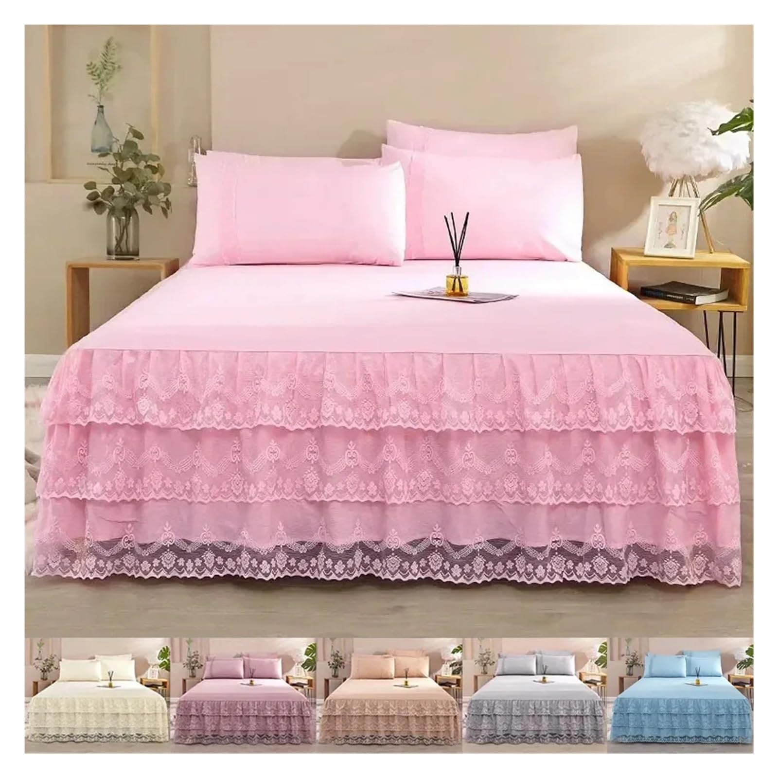 Falda de Cama de 3 Capas, Falda de Cama con Volantes de Encaje, Funda de Cama for Dormitorio, Falda de Cama, Funda de colchón Antideslizante, sábana, Colcha, 1 Unidad(Khaki,1pc 150cmx200cm)