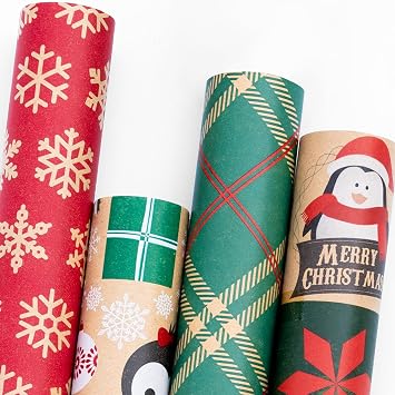 Mnytyel Christmas Wrapping Paper Rolls Set, Kraft Paper with Snowflake/Snowman/Red GreenPlaid/Reindeer etc Christmas Elements Collection, 17 inch1.42ft x 10ft Per Roll