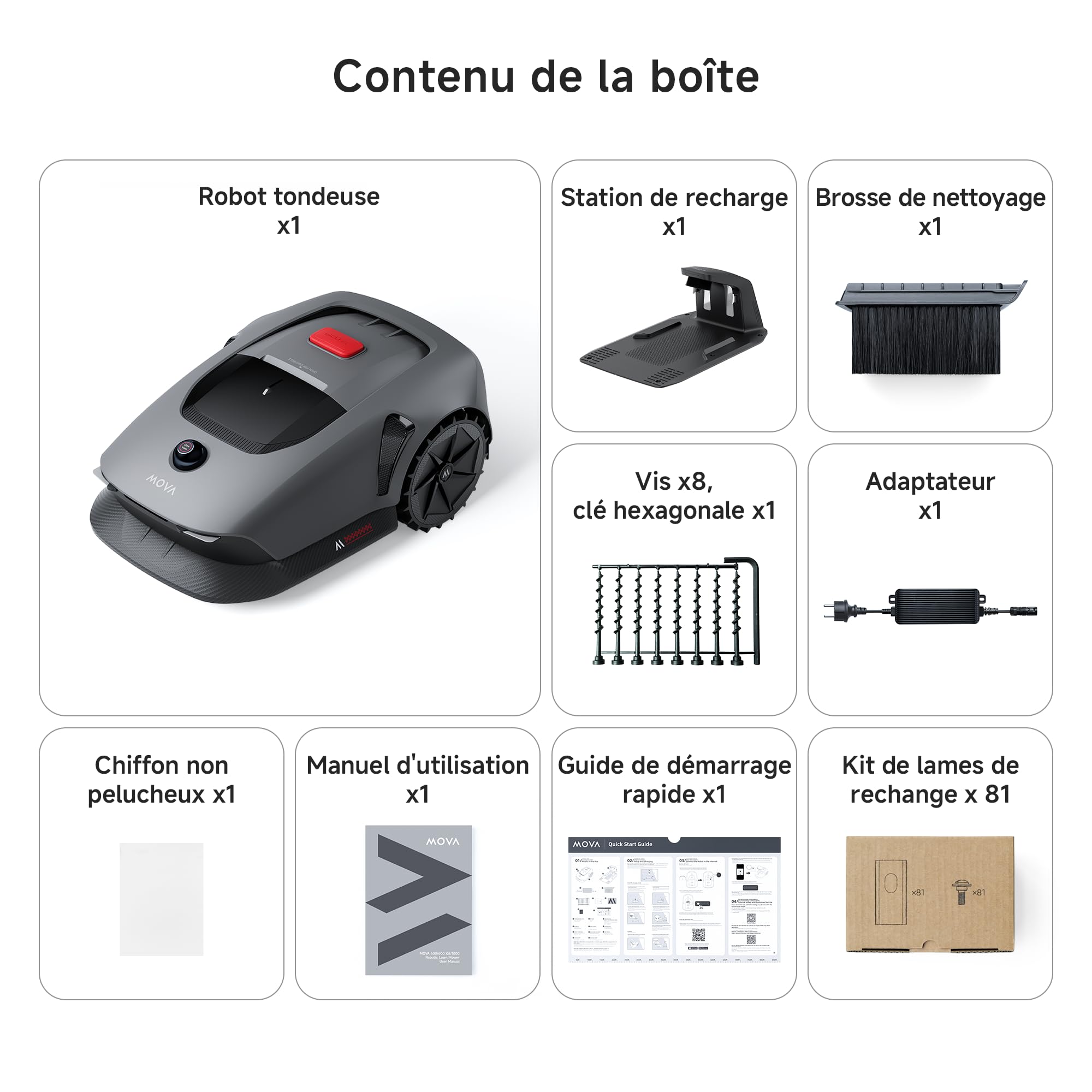 MOVA 600 Kit avec 81 Lames, Robot Tondeuse Installation sans Fil, cartographie 360° 3D LiDAR jusqu'à 800 m², évitement Intelligent des Obstacles. Contrôle Via App, Coupe en U, alertes de sécurité.