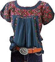Pinclodly Women's Floral Embroidered Mexican Peasant Blouse Short Sleeve Pleated Summer Top Loose Crew Neck