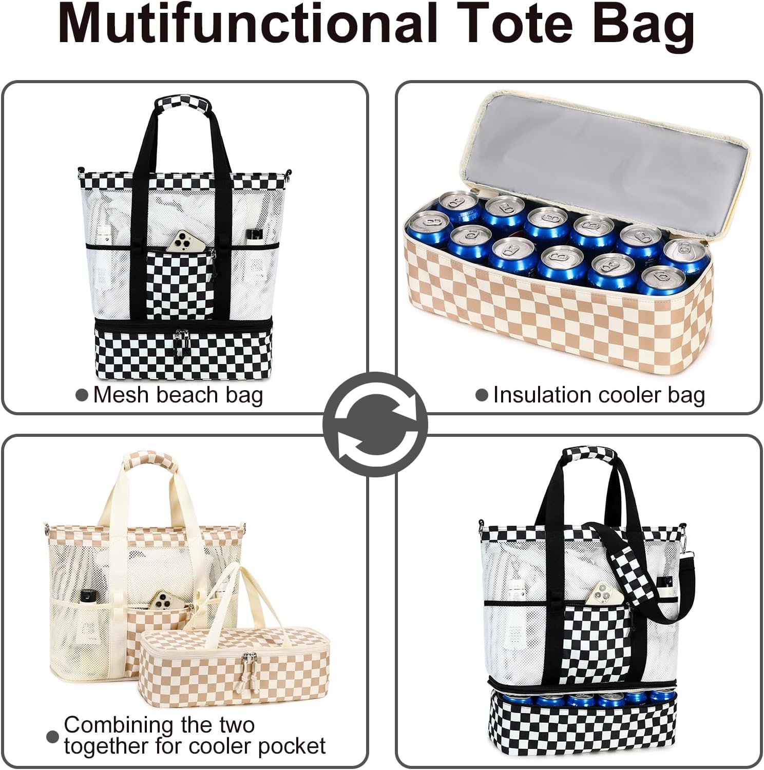 Bluboon Mesh Beach Tote Bag with Cooler Compartment Insulated Detachable Picnic Bag with Zipper and Pocket Pool Bag for Women