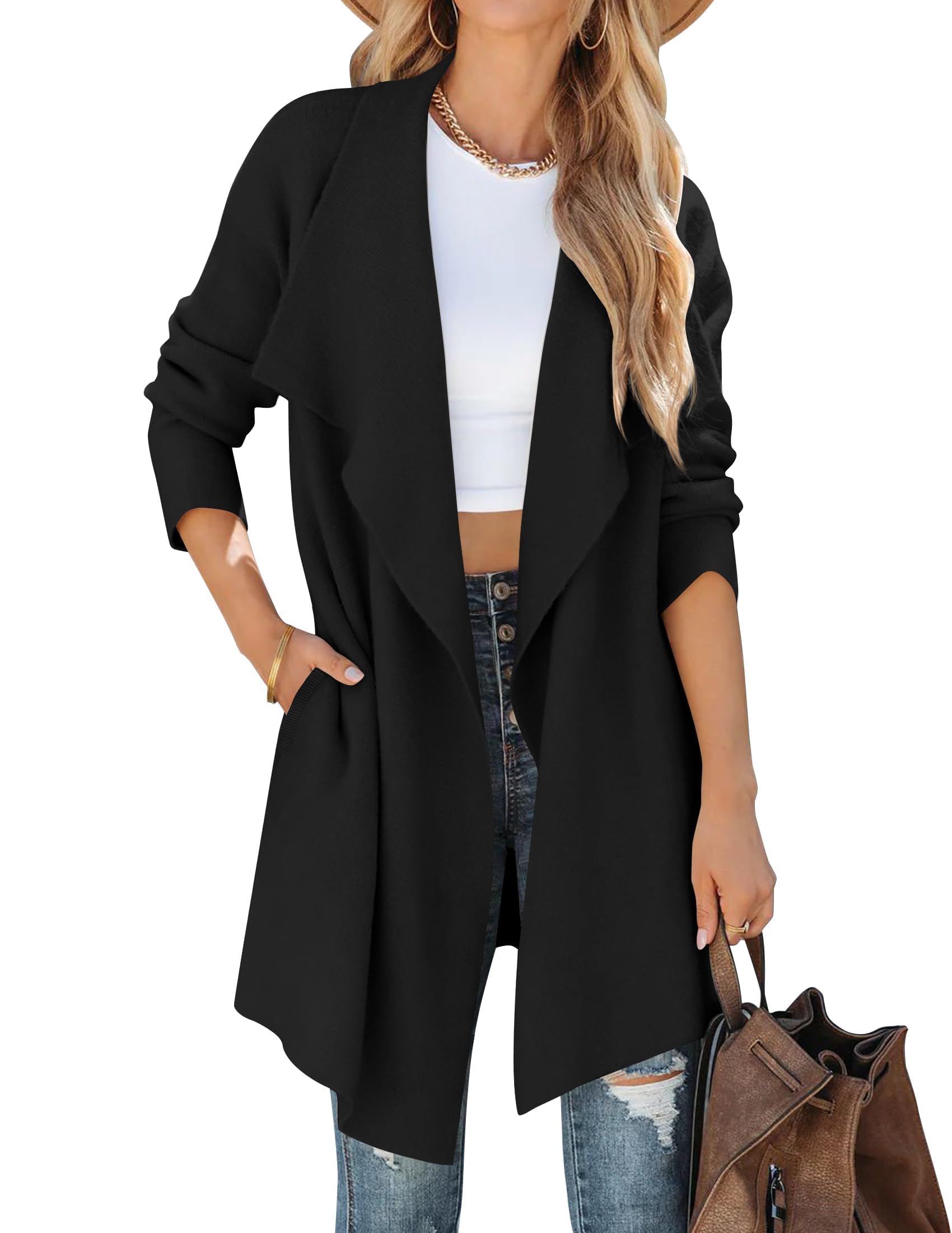 ZESICA Womens Casual Lapel Cardigan Long Sleeve Open Front Irregular Hem Soft Knitted Sweater Coat with Pockets