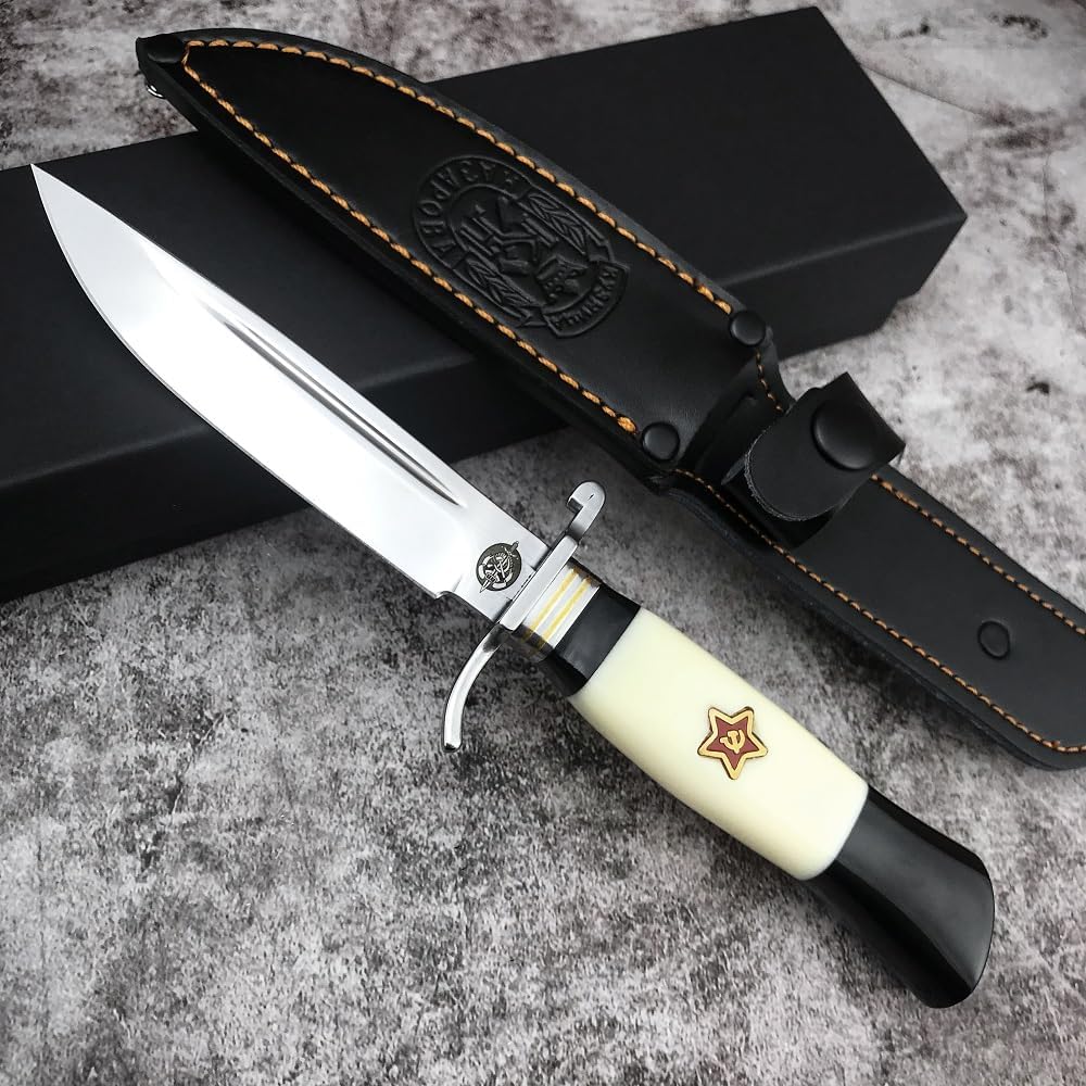 Russian Finka-NKVD KGB Fixed Blade Knife, Heavy Duty 440C Steel Full Tang Knife,Resin Handle,Outdoor Knives for Tourist Fishing Camping,Gift PU Sheath