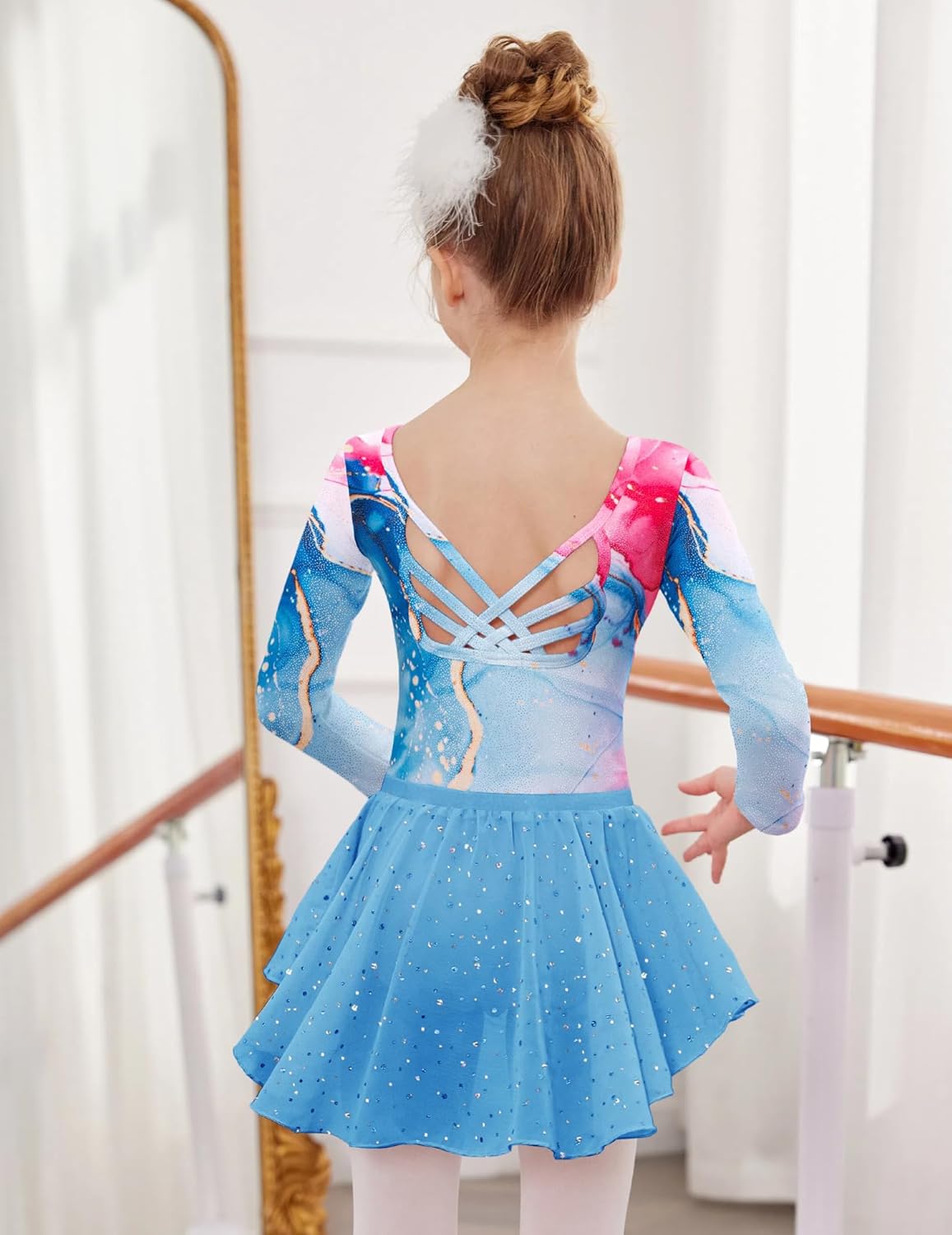Zaclotre Gymnastics Leotards for Girls Long Sleeve Crisscross Back Ballet Dance Outfit with Removable Skirt Combo - Image 4