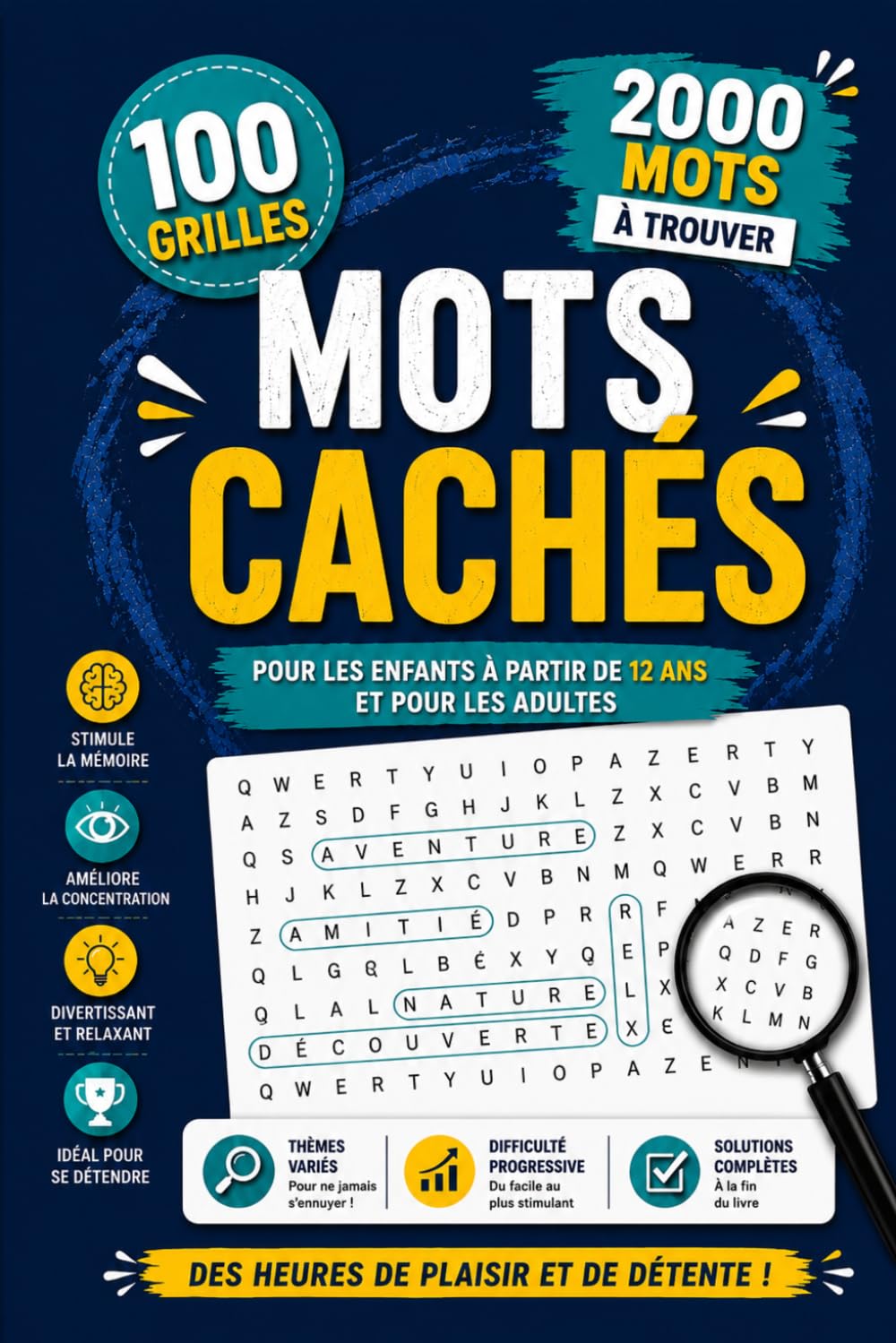 Mots Cachés Adultes et Enfants dès 12 ans | 100 Grilles & 2000 Mots Mêlés avec Solutions | Livre de Jeux de Lettres | Idée Cadeau