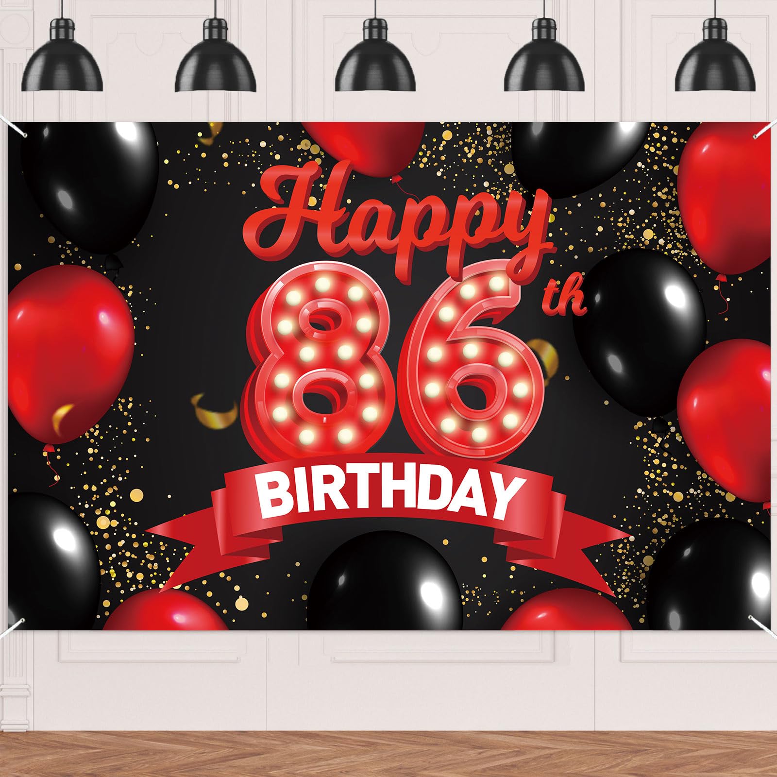 NhRBn86 Happy Birthday Banner Happy 86th Birthday Red and Black Banner Backdrop Decorations Balloons Theme Decor for Girls Women Princess 86 Years Old Birthday Party Bday Photo Booth Props Supplies