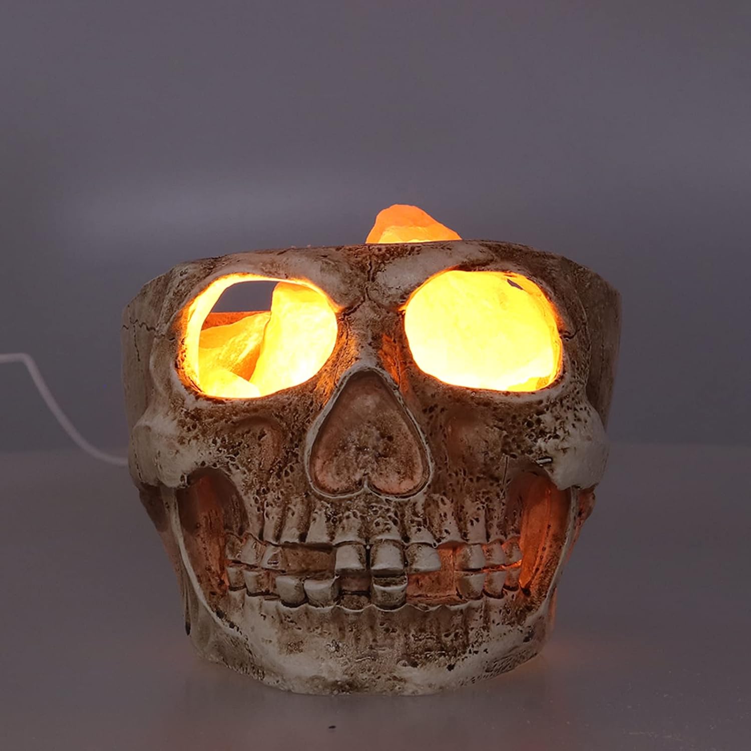 Crystal Salt Lamp with Stepless Dimming, Skull Shape LED Night Light, Dimmable Salt Rock Lamp for Bedroom Meditation, USB Powered Decorative Air Purifying Light