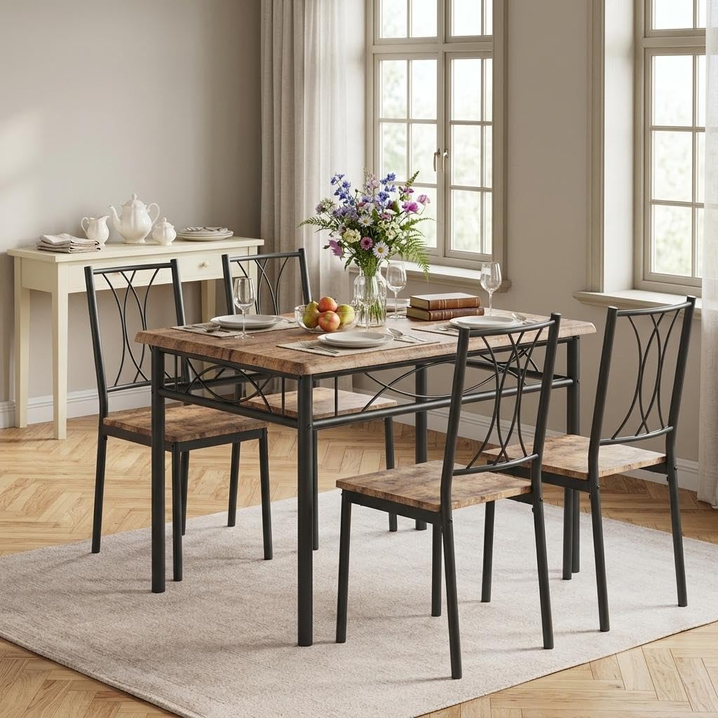 GarveeMore Dining Table and Chairs Set of 4, Space Saving Rectangular Kitchen Table with Wood-Finish Seats, 4 Seater Industrial Metal Stowaway Dining Room Furniture for Flats, Rustic Brown