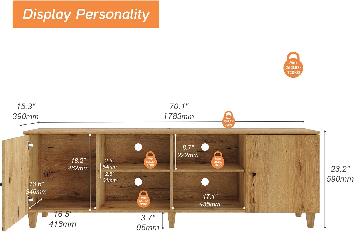 WAMPAT TV Stand for 75+ Inch TV, 70 inch Mid-Century Modern Wood Entertainment Center with Door, Wide Media Console Table with Adjustable Storage Shelves for Living Room, Bedroom, Oak Brown