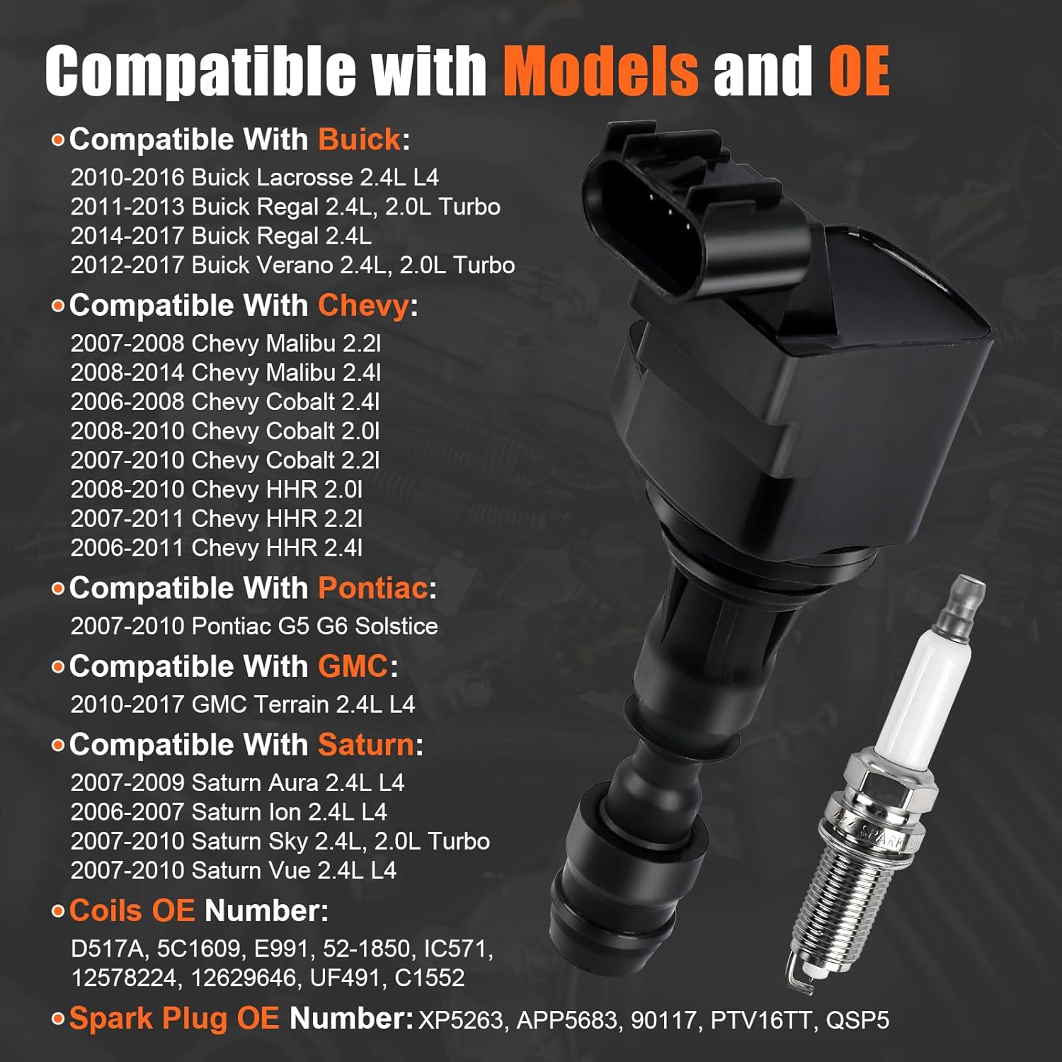 4pcs Ignition Coil & Spark Plug Fit for Chevy Malibu Cobalt HHR GMC Terrain Buick Lacrosse Regal 2.0 2.4 2008 2009 2010 2011 2012 2013 2014 2.0L 2.4L L4 Coil Pack Replaces# GN10485 C1552 UF491
