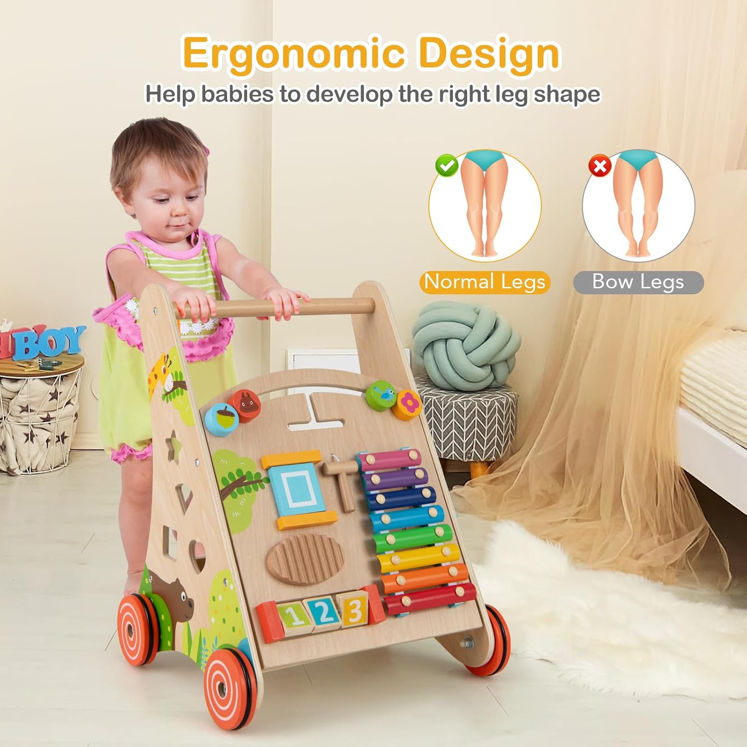 BABY JOY Wooden Baby Walker, Push and Pull Sit to Stand Learning Activity Center, Montessori Educational Toy, Push Walker with Wheels & Storage for Boys Girls